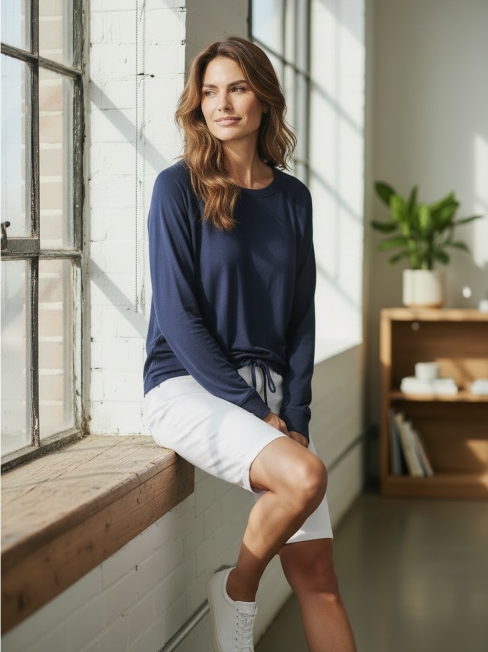 Three Dots Navy Long-Sleeve Drawstring Top